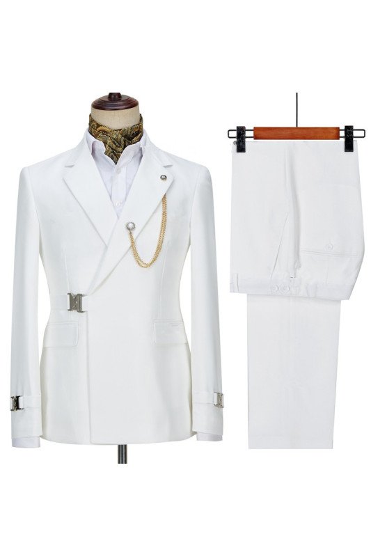 Lucas Bespoke White Best Fitted Prom Suit with Buckle