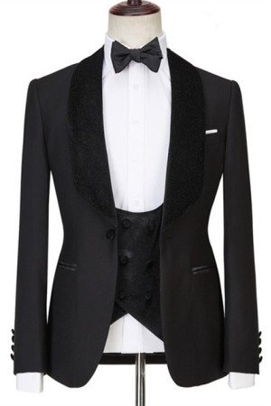 Charles Modern Black Slim Fit Three Pieces Wedding Suit with Velvet Lapel