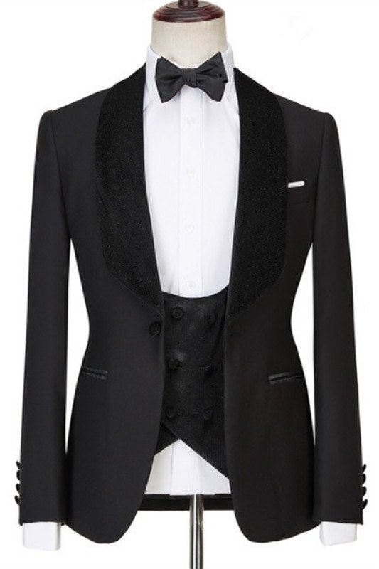 Charles Modern Black Slim Fit Three Pieces Wedding Suit with Velvet Lapel