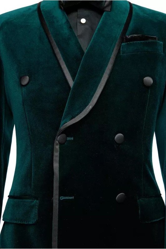 Juan Dark Green Velvet Double Breasted Shawl Lapel Wedding Suit