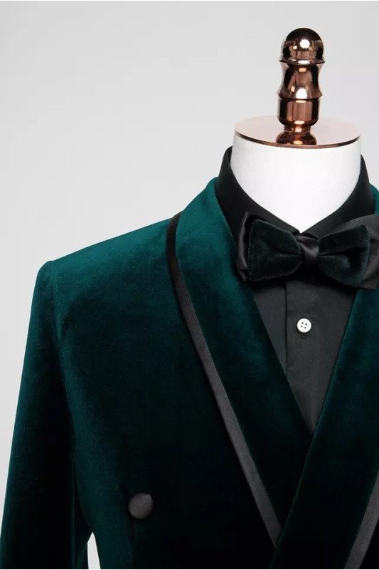 Juan Dark Green Velvet Double Breasted Shawl Lapel Wedding Suit