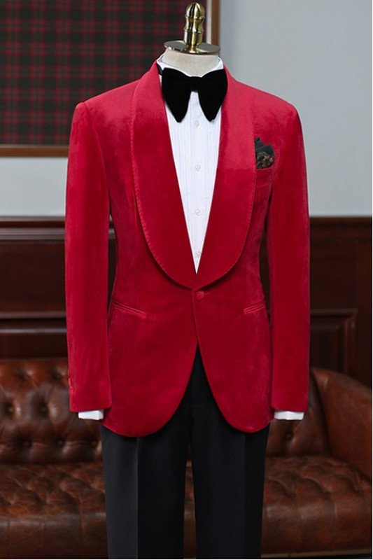 New Arrival Red Velvet Shawl Lapel Close Fitting Wedding Suit for Men