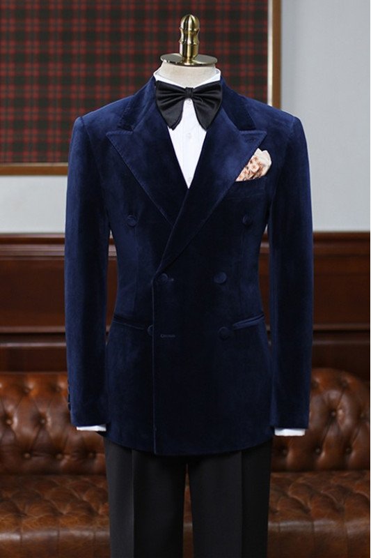 Dark Blue Velvet Double Breasted Peaked Lapel Men Suit