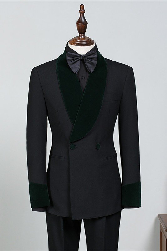 Fashion Black Double Breasted Bespoke Wedding Suit with Velvet Lapel