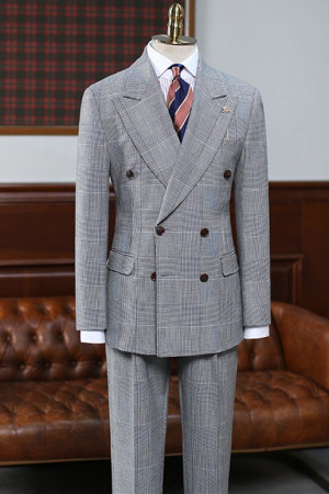 Fashion Gray Plaid Double Breasted Two Pieces Men Suit Fashion Gray Plaid Double Breasted Two Pieces Men Suit
