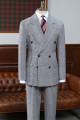 Fashion Gray Plaid Double Breasted Two Pieces Men Suit