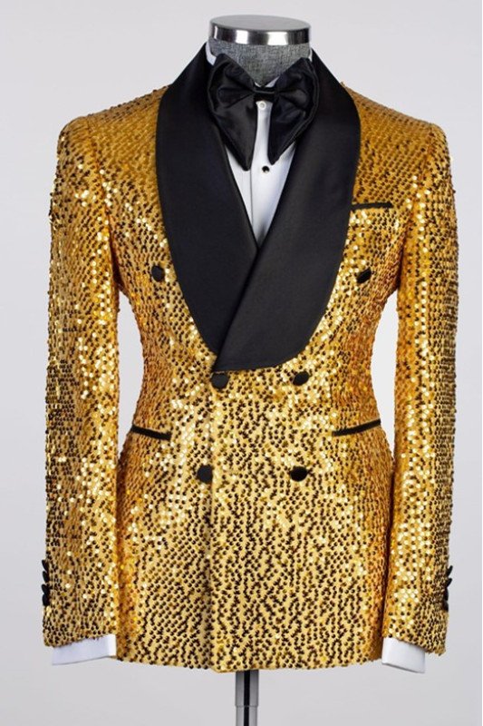 Glitter Gold Sequins Double Breasted Shawl Lapel Men Suit