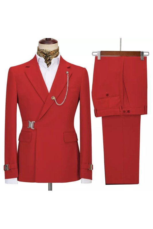 Jacob Hot Red Slim Fit Notched Lapel Prom Men Suit with Gold Buckle