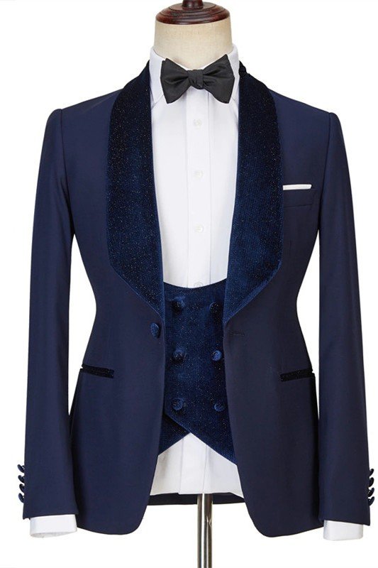 New Arrival Navy Blue Three Pieces Slim Fit Shawl Lapel Wedding Men Suit