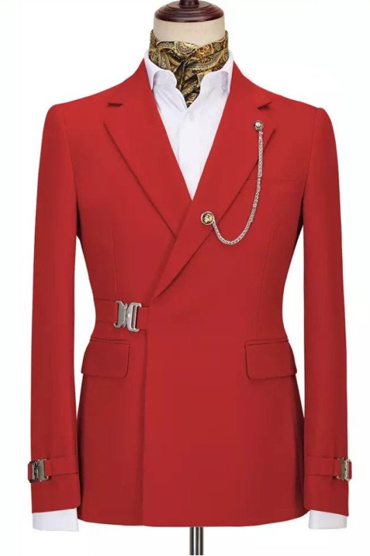 Jacob Hot Red Slim Fit Notched Lapel Prom Men Suit with Gold Buckle