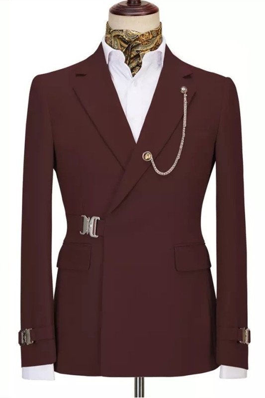 Joshua New Arrival Burgundy Notched Lapel Prom Men Suit with Buckle