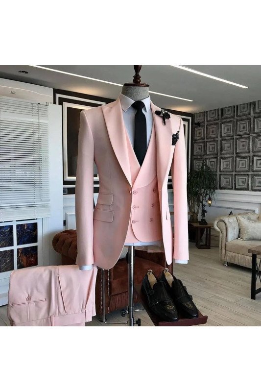 Austin Chic Pink Peaked Lapel Three Pieces Close Fitting Men Suits