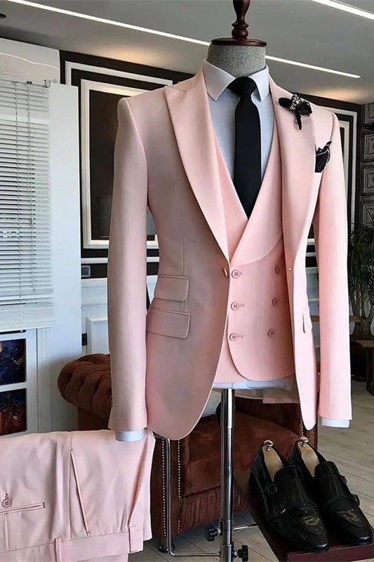 Austin Chic Pink Peaked Lapel Three Pieces Close Fitting Men Suits