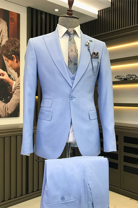 Jordan Blue Fashion Three Pieces Peaked Lapel Bespoke Men Suit