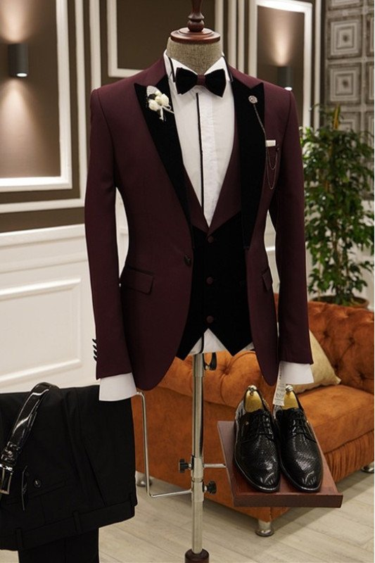 Carlos Burgundy Three Pieces Close Fitting Bespoke Men Suits