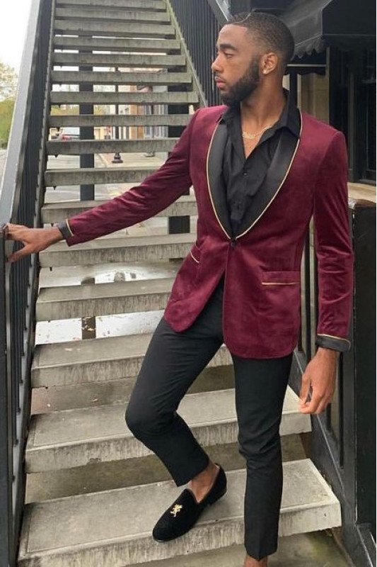 Evan New Arrival Burgundy One-Button Velvet Fashion Men Prom Suits