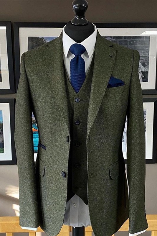Formal Dark Green Notched Lapel Single Breasted Three Pieces Business Suits