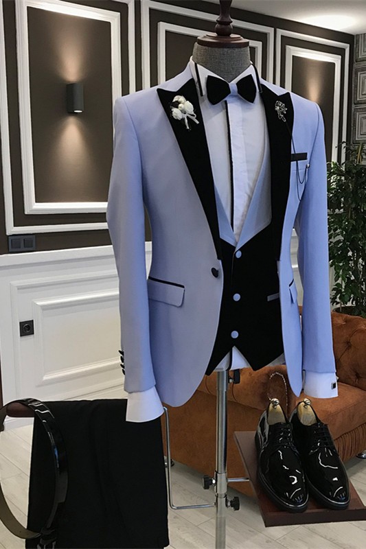 New Arrival Sky Blue Three Pieces Men Suits for Prom with Black Peaked Lapel 