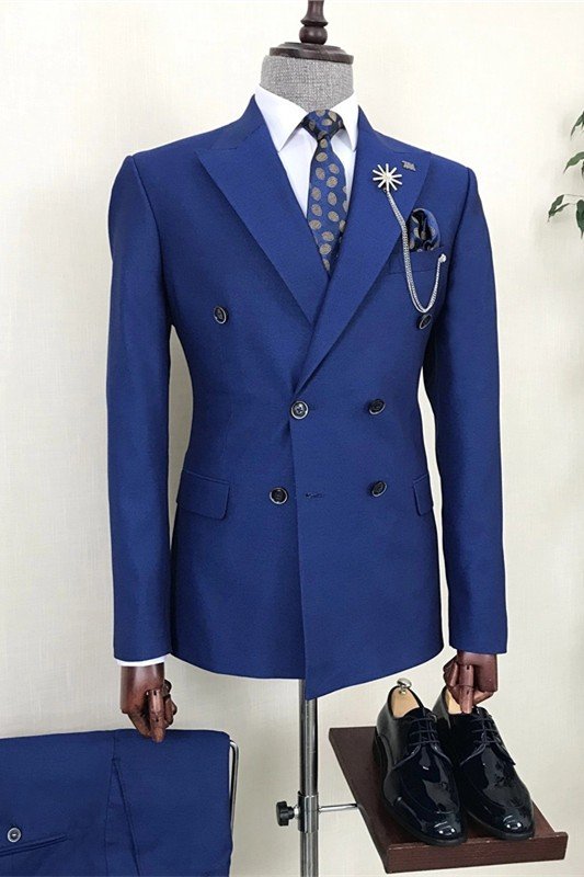 Fashion Navy Blue Double Breasted Peaked Lapel Slim Fit Men Suits