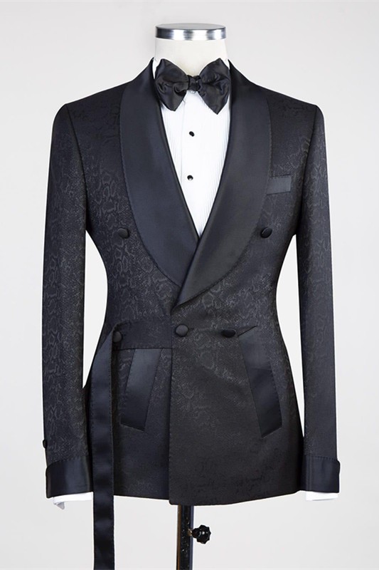 Modern Black Adjustable Button Shawl Lapel Jacquard Wedding Suits For Men