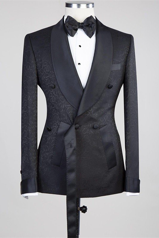 Modern Black Adjustable Button Shawl Lapel Jacquard Wedding Suits For Men