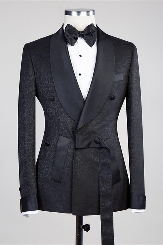 Modern Black Adjustable Button Shawl Lapel Jacquard Wedding Suits For Men