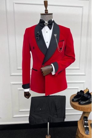 Newest Red One Button Slim Fit Wedding Suits with Black Shawl Lapel Newest Red One Button Slim Fit Wedding Suits with Black Shawl Lapel