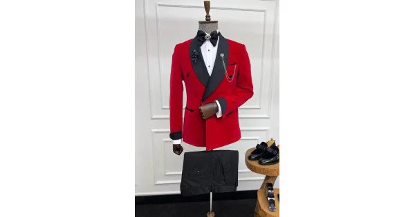 Fashion Red Business Suit with Black Velvet Shawl Lapel Reception Prom