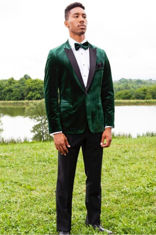 Fashion Deep Green Peaked Lapel Velvet Prom Suits For Men
