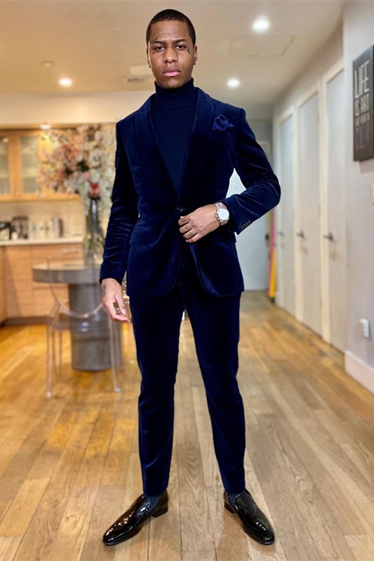 Bespoke Deep Blue Shawl Lapel Close Fitting Velvet Men Suits For Prom