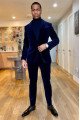 Bespoke Deep Blue Shawl Lapel Close Fitting Velvet Men Suits For Prom