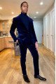 Bespoke Deep Blue Shawl Lapel Close Fitting Velvet Men Suits For Prom