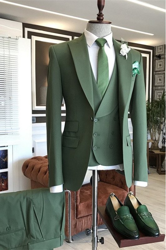 Fashion New Arrival Green Peaked Lapel Three Pieces Slim Fit Men Suits