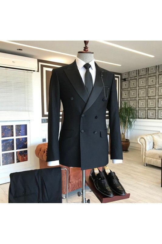 Classic Bespoke Black Double Breasted Peaked Lapel Men Suit