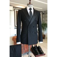 Classic Bespoke Black Double Breasted Peaked Lapel Men Suit