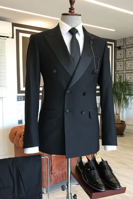 Classic Bespoke Black Double Breasted Peaked Lapel Men Suit