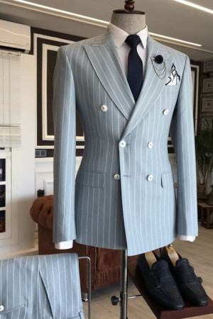 New Arrival Blue Striped Fashion Double Breasted Men Suit New Arrival Blue Striped Fashion Double Breasted Men Suit