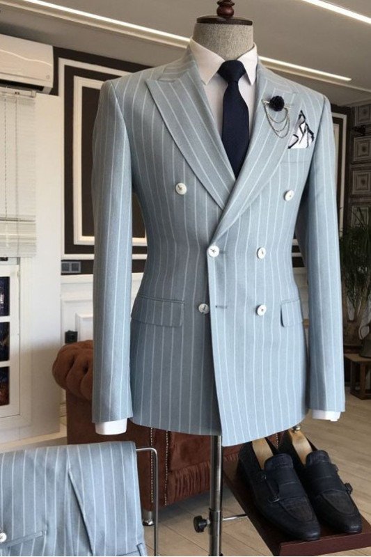 New Arrival Blue Striped Fashion Double Breasted Men Suit