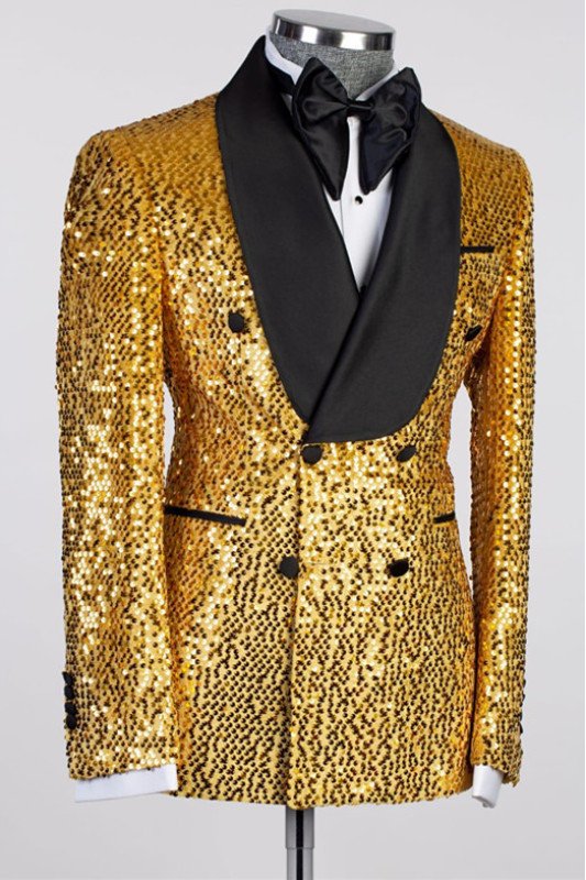 Glitter Gold Sequins Double Breasted Shawl Lapel Men Suit